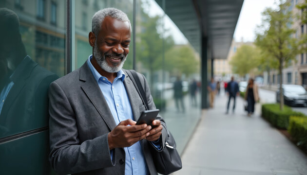 Happy senior black man uses phone in city street. Smiles, texts browses on smartphone. Older male CEO connects with tech outside office building. Urban pro enjoys digital mobile life on go in