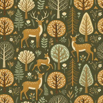Seamless Whimsical Deer, Doe, and Fawn Forest Pattern - Hand-Drawn Woodland Nature Background Vector SVG