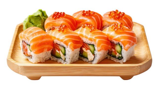 A plate of sushi with a green leaf on the side