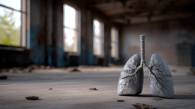 Human lungs as a flying butterfly, abandoned dark hospital as blurred background.