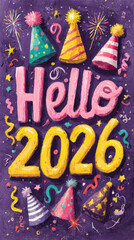 Happy New Year 2026 party illustration with hats and sparkler lines