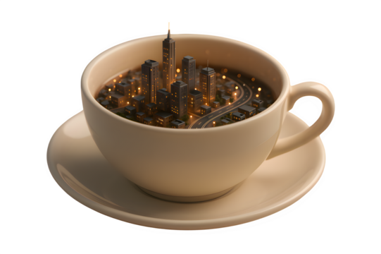 Teacup with Miniature Cityscape — Surreal Urban Imagination and Creative Concept Art