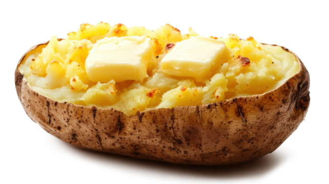A potato is covered in butter and has a hole in it