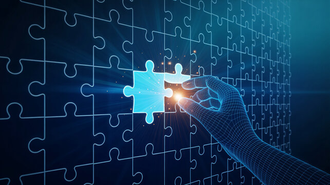 Complete the puzzle with digital innovation and strategic solutions, a modern concept for business success and problem solving with a bright future ahead