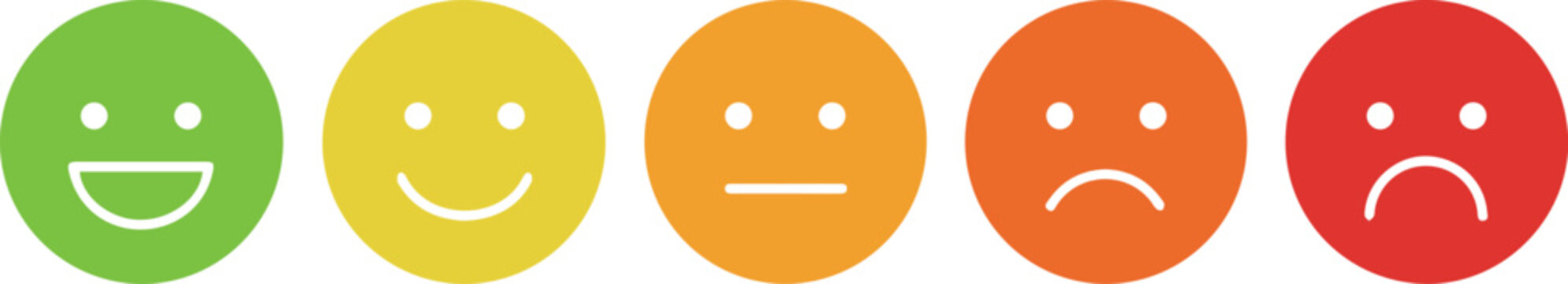 Five colorful smiley faces representing a spectrum of emotions, from happy to sad