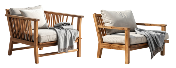 Wooden Outdoor Lounge Chair with Cushions PNG Cutout