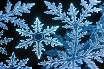 Close-up intricate snowflake crystals on dark background, delicate hexagonal arms shimmering with icy luster, cool-blue tones