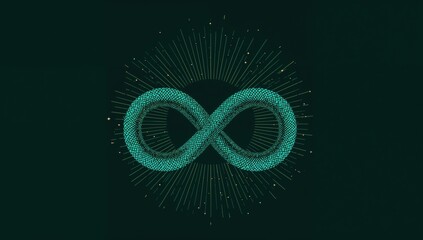 Infinity ouroboros snake with geometric scales and radiating light on dark green background  symbol of eternity and mysticism