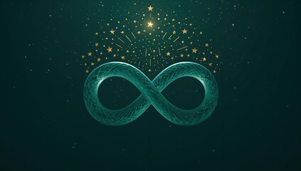 Infinity symbol with golden stars and abstract sparkles on dark green background, concept of limitless universe, eternity, mathematics, and magic