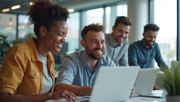 Diverse team of young professionals collaborate on project using laptops. People work together in modern office space, sharing ideas and smiling during meeting. Group engaged in tech discussion.