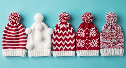 Cozy knitted winter hats with pompoms on blue