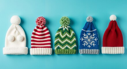 Colorful knitted winter hats on blue background