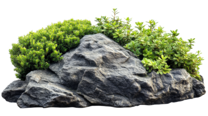 A rock with a bunch of plants growing on it. The plants are green and the rock is gray