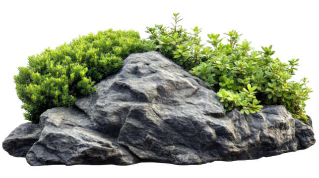 A rock with a bunch of plants growing on it. The plants are green and the rock is gray