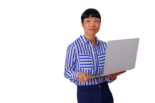 Female doctor using laptop for telehealth consultation, providing online medical care and virtual healthcare, transparent background