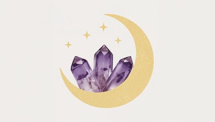 Mystical amethyst crystals with golden crescent moon and stars on minimalist white background for spiritual and boho aesthetic