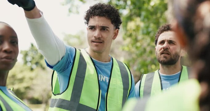 Speaking, volunteer or people in park for garbage pick up initiative, social responsibility or litter project. Instructions, outdoor restoration or group of eco advocate together, green action or ngo