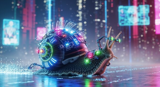High-tech cybernetic snail with neon lights in futuristic city environment