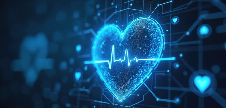 Blue digital heart with cardiogram pulses on dark grid background. Futuristic medical tech abstract concept. Health data analysis for diagnosis.