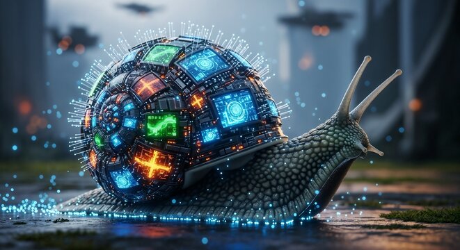 Futuristic cybernetic snail with digital technology shell and glowing circuits - Powered by Adobe