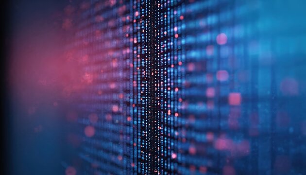 Detail of led screen with pixel pattern. Tech surface shows light dot matrix structure in macro close up view. Abstract wallpaper for digital innovation visual communication background with blue, red