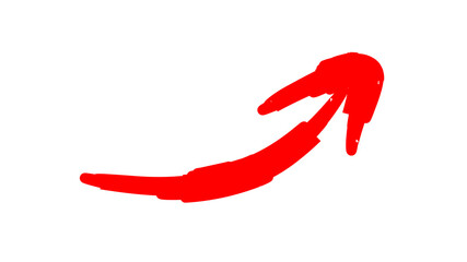 A roughly hand-drawn red arrow with a curved trajectory pointing up and to the right on a white background.