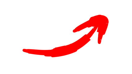 A roughly hand-drawn red arrow with a curved trajectory pointing up and to the right on a white background.