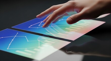 Analyzing financial data using interactive interface with charts and diagrams for business solution on dark background in studio shot