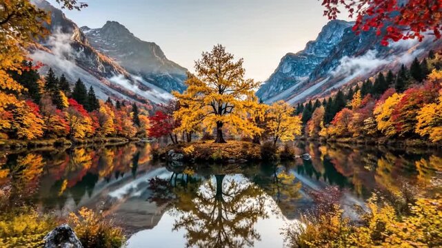 Radiant golden larch tree as a focal point in a serene mountain valley, with vibrant autumn colors reflecting in the still lake waters