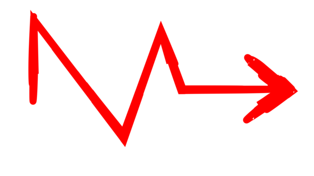 A hand-drawn red zig-zag line with a sharp arrow pointing to the right on a white background.
