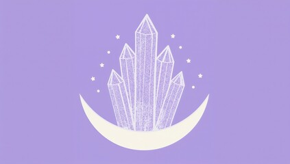 Geometric crystals growing from crescent moon with stars on pastel purple background, minimalist mystical aesthetic