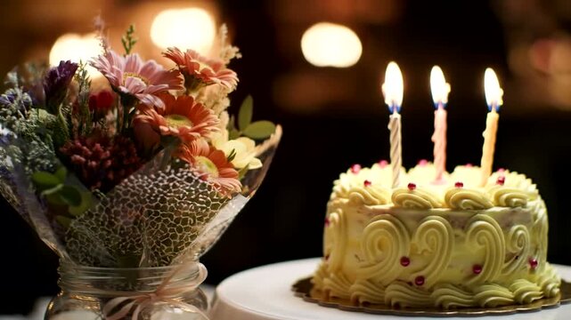 Beautifully decorated birthday cake with flowers, candles lit, warm ambiance