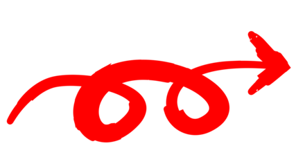 A hand-drawn, sketchy red arrow with a spiral loop pointing to the right.