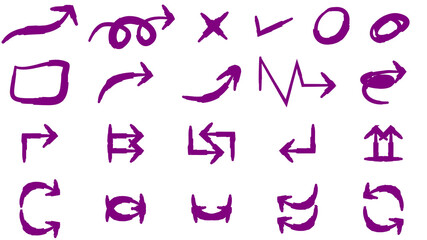 A collection of hand-drawn purple arrows and symbols isolated on a white background.