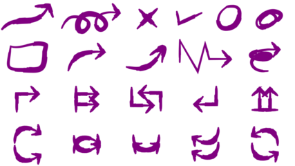 A collection of hand-drawn purple arrows and symbols isolated on a white background.