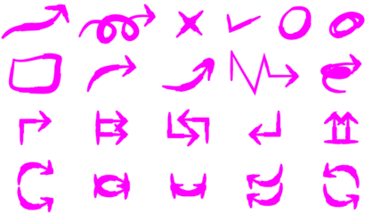 A diverse collection of hand-drawn pink arrows and various symbols like checkmarks, circles, and crosses on a white background.