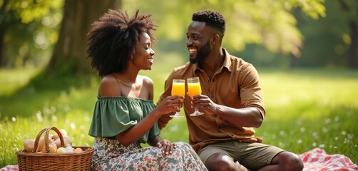 Black couple enjoys picnic in nature park. Sit on blanket, toast with orange juice glasses. Man, woman smile, celebrate love, happy relationship outdoors. Sunny day, green grass, food basket present.