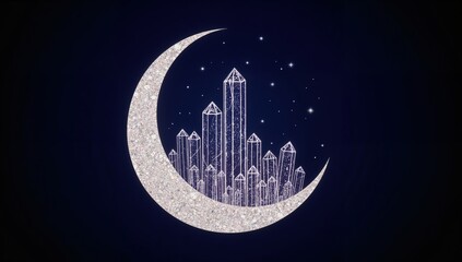 Glittering crescent moon with crystal towers and starry night sky, mystical celestial dreamscape, fantasy minimalist design