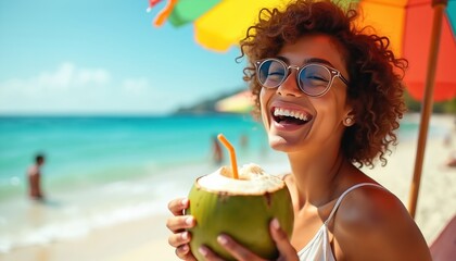 Woman laughs while drinking coconut water. She wears sunglasses and sits under beach umbrella. Ocean waves crash gently on shore. Summer holiday vibes.