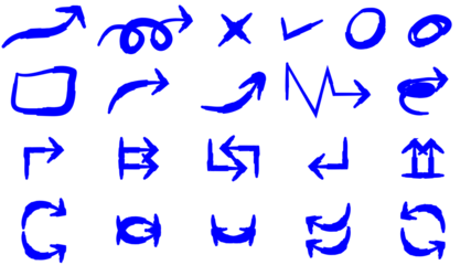 A collection of various hand-drawn blue arrows and symbols, including checkmarks, crosses, and shapes on a white background.
