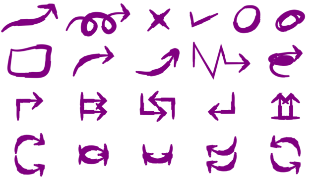 A collection of hand-drawn purple arrows and symbols isolated on a white background. - Powered by Adobe