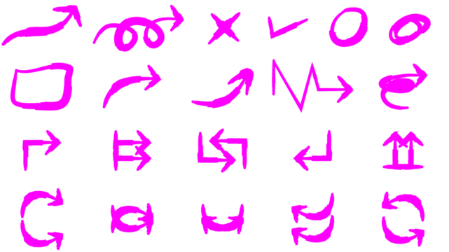 A diverse collection of hand-drawn pink arrows and various symbols like checkmarks, circles, and crosses on a white background.