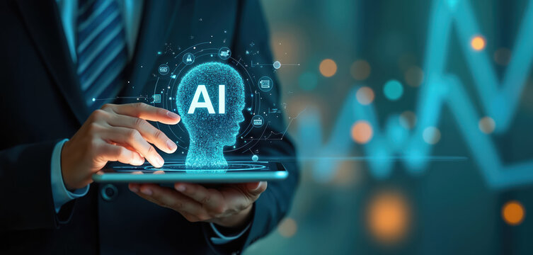Person uses tablet interacting with AI brain hologram. Digital mind network connects data points. Futuristic tech advances global business operations and cognitive thinking.