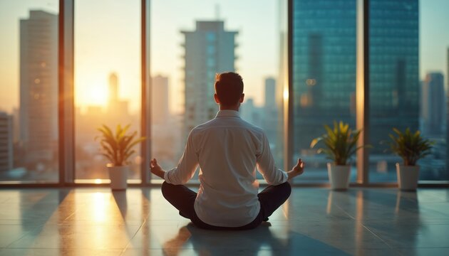 Man meditates in lotus pose at office window during sunset. Businessman finds inner peace, balances mind and body, reflects on corporate life, away from city bustle.
