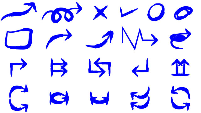 A collection of various hand-drawn blue arrows and symbols, including checkmarks, crosses, and shapes on a white background. - Powered by Adobe