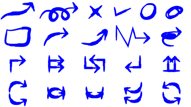 A collection of various hand-drawn blue arrows and symbols, including checkmarks, crosses, and shapes on a white background.