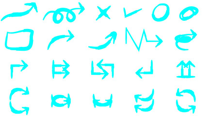 A diverse collection of hand-drawn cyan arrows and symbols, including checkmarks and circles, isolated on a white background.