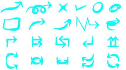 A diverse collection of hand-drawn cyan arrows and symbols, including checkmarks and circles, isolated on a white background.