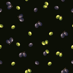 Seamless pattern Illustration with hand-drawn black and green olives scattered on a dark background