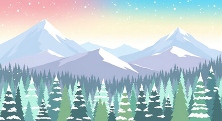 Dreamy winter wonderland scene with snow-capped mountains and evergreen trees, perfect for holiday greetings, seasonal promotions and winter travel inspiration